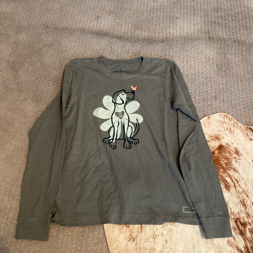 Life Is Good Charcoal Long Sleeve Kids Shirt with Dog and Butterfly